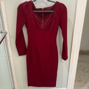 Long sleeve plunging neck red midi dress